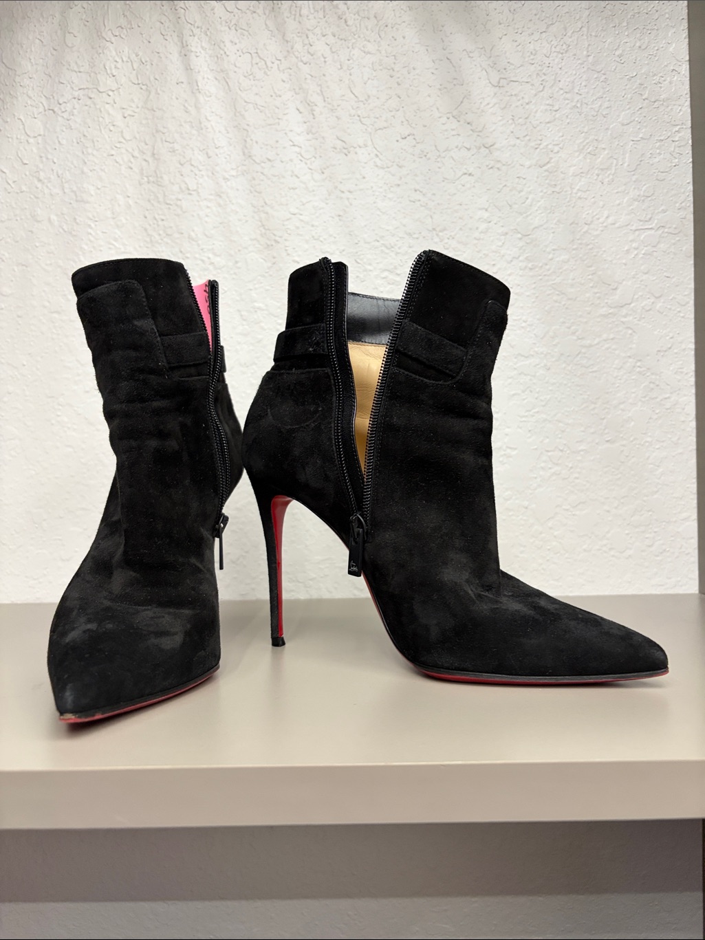 Christian Louboutin Black Suede Pointed Ankle Booties With Red Sole
